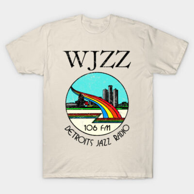 Beige T-shirt with vintage WJZZ Detroit Jazz Radio graphic design, round neck, casual wear, cotton material.