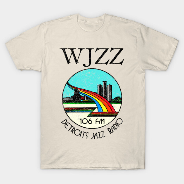 Beige T-shirt with vintage WJZZ Detroit Jazz Radio graphic design, round neck, casual wear, cotton material.