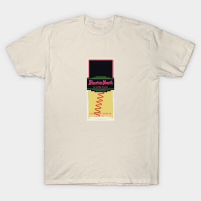 Cream t-shirt with colorful retro perfume bottle graphic, casual style, soft cotton material.