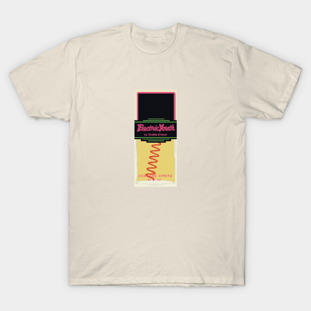 Cream t-shirt with colorful retro perfume bottle graphic, casual style, soft cotton material.