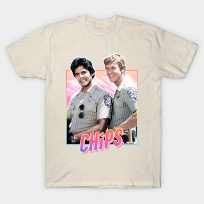 Vintage beige graphic t-shirt featuring retro "CHiPs" design, ideal for casual wear and TV show fans.