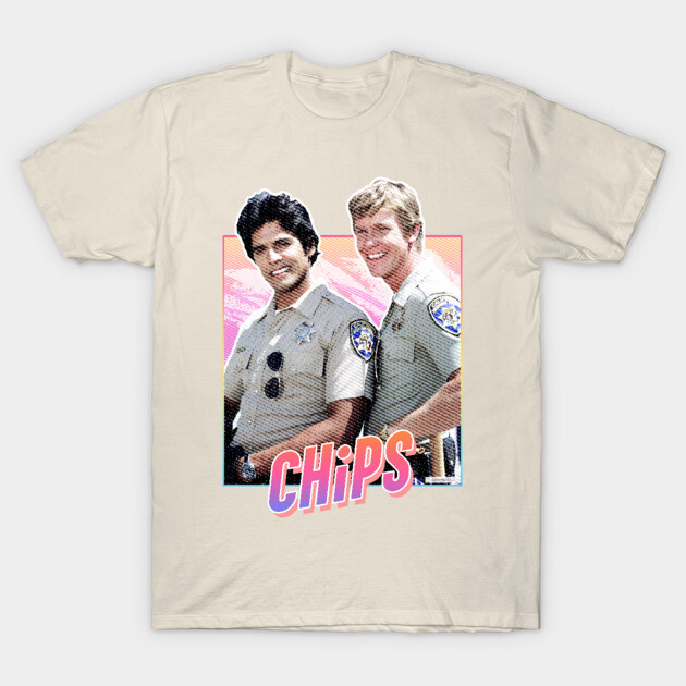 Vintage beige graphic t-shirt featuring retro "CHiPs" design, ideal for casual wear and TV show fans.