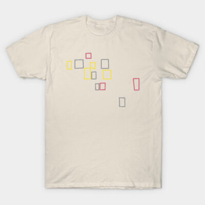 Cream t-shirt with abstract colorful square design, casual style, comfortable cotton material for everyday wear.
