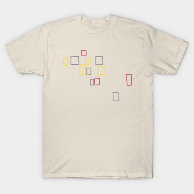 Cream t-shirt with abstract colorful square design, casual style, comfortable cotton material for everyday wear.