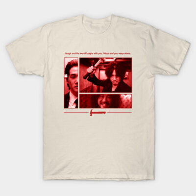 Cream t-shirt with red graphic print, featuring bold design elements. Casual style, suitable for everyday wear.