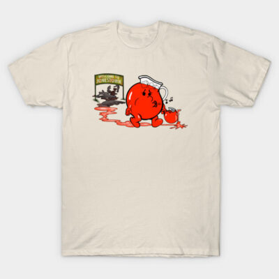 Cream T-shirt with red cartoon graphic and text, cotton material, casual style, unisex design, ideal for everyday wear.