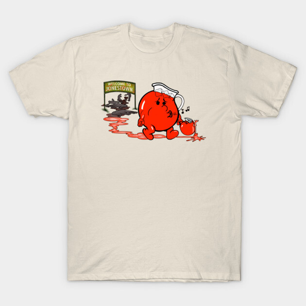 Cream T-shirt with red cartoon graphic and text, cotton material, casual style, unisex design, ideal for everyday wear.