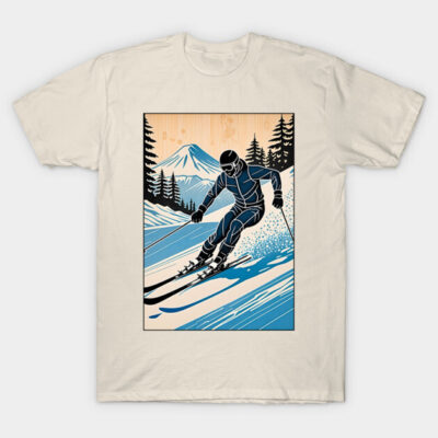 Cream t-shirt featuring a vintage skiing design with blue and black tones, perfect for winter sports enthusiasts.