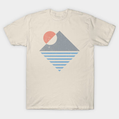 Cream T-shirt with geometric mountain and sunset design, casual style, soft cotton, perfect for everyday wear.