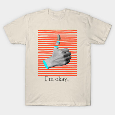 Cream t-shirt with abstract hand graphic and red stripes, features "I'm okay" text, casual cotton style.