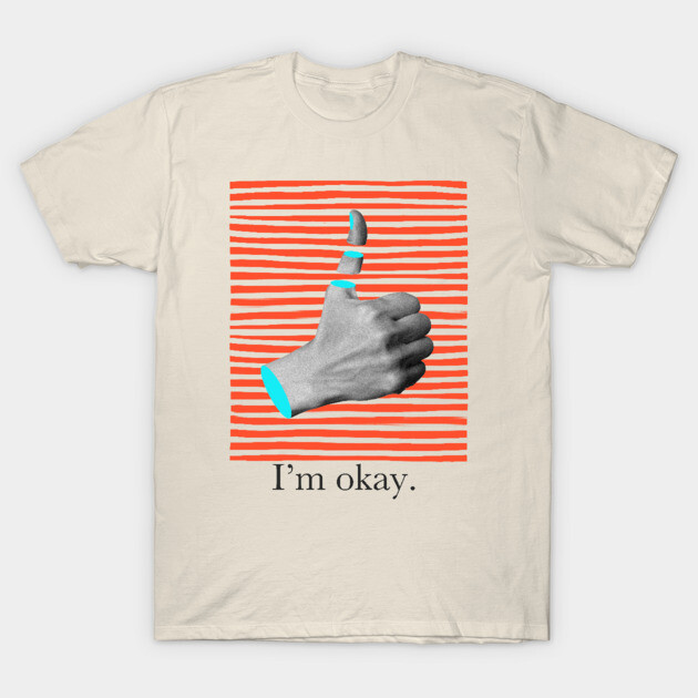 Cream t-shirt with abstract hand graphic and red stripes, features "I'm okay" text, casual cotton style.