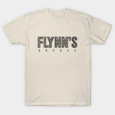 Cream-colored T-shirt with "Flynn's Arcade" graphic text, casual style, made from soft cotton, ideal for everyday wear.
