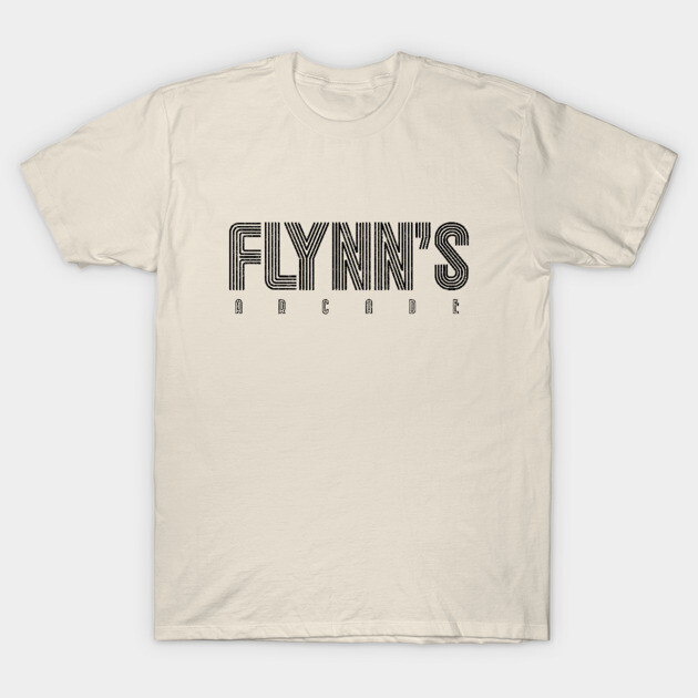 Cream-colored T-shirt with "Flynn's Arcade" graphic text, casual style, made from soft cotton, ideal for everyday wear.