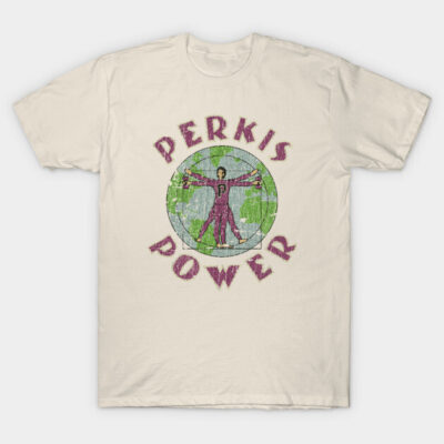 Beige t-shirt with "Perkis Power" graphic, featuring a vintage-style design. Cotton fabric, casual wear.