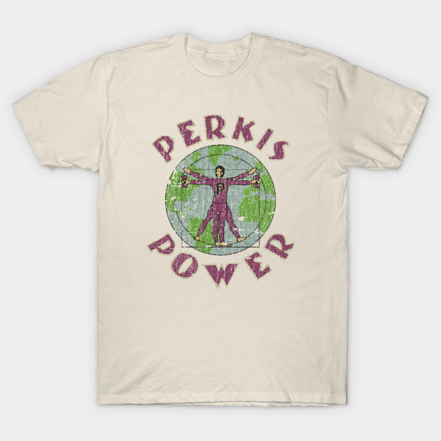 Beige t-shirt with "Perkis Power" graphic, featuring a vintage-style design. Cotton fabric, casual wear.