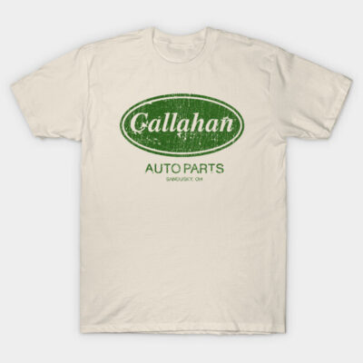 Beige t-shirt with vintage green "Callahan Auto Parts" design, casual style, cotton fabric.