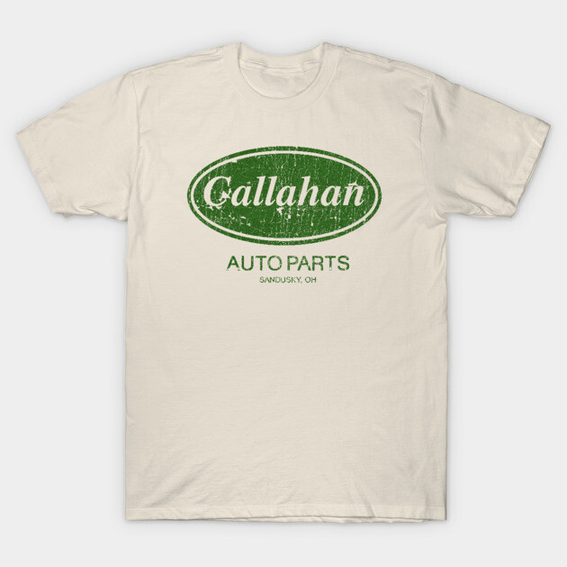 Beige t-shirt with vintage green "Callahan Auto Parts" design, casual style, cotton fabric.