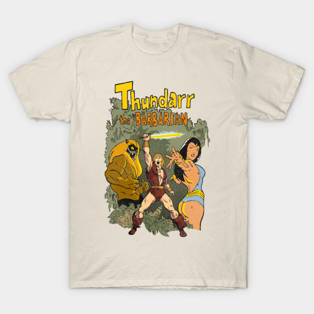 Beige graphic T-shirt featuring vintage comic design, showcasing vibrant characters and text "Thundarr the Barbarian".
