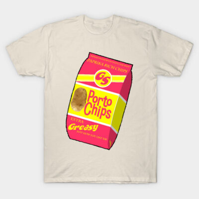 Cream t-shirt featuring a colorful retro-style Porto Chips graphic design. Casual wear, soft cotton material.