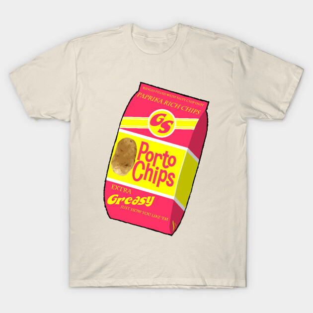 Porto Chips T-Shirt 1 Cream t-shirt featuring a colorful retro-style Porto Chips graphic design. Casual wear, soft cotton material.