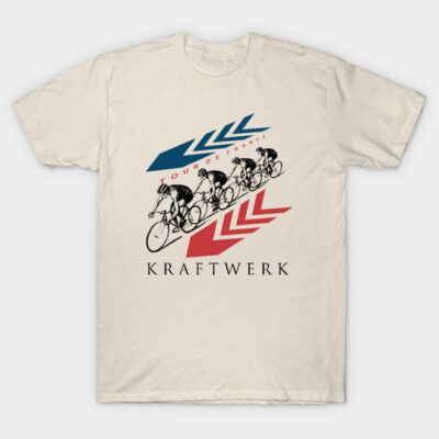 Cream T-shirt featuring cycling graphic and retro design, suitable for casual wear, made from soft cotton.