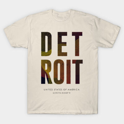Cream Detroit graphic t-shirt with bold colorful text, casual style, 100% cotton, perfect for everyday wear.
