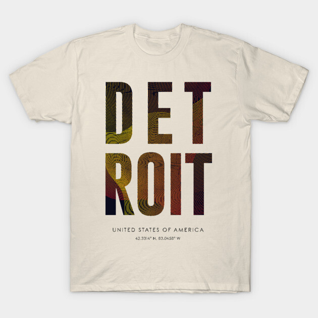 Cream Detroit graphic t-shirt with bold colorful text, casual style, 100% cotton, perfect for everyday wear.