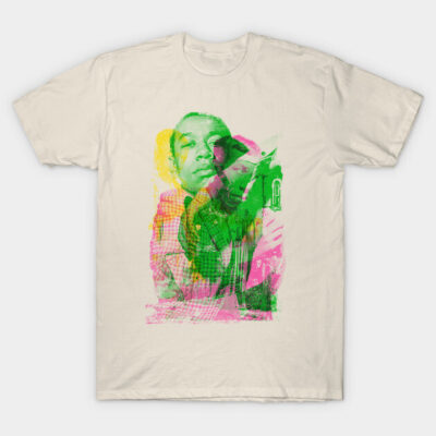 Beige t-shirt with vibrant abstract green, pink, and yellow graphic design, 100% cotton, casual unisex style.
