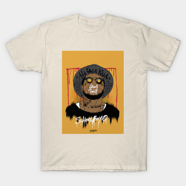Beige graphic t-shirt with bold artistic design, featuring abstract face, urban streetwear style, casual fashion attire.