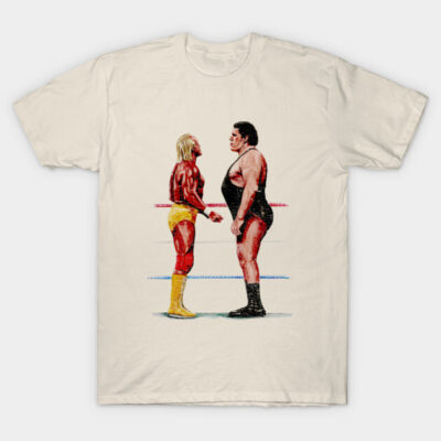 Vintage-style off-white t-shirt featuring a colorful wrestling match graphic, ideal for casual wear or sports fans.