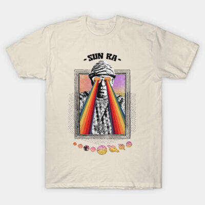 Cream t-shirt with colorful abstract design and "Sun Ra" text, made of soft cotton, perfect for casual wear.