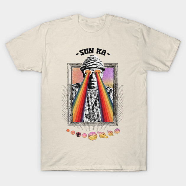 Cream t-shirt with colorful abstract design and "Sun Ra" text, made of soft cotton, perfect for casual wear.