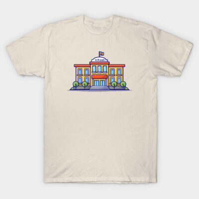 Beige t-shirt featuring a colorful school building illustration, casual style, perfect for everyday wear.