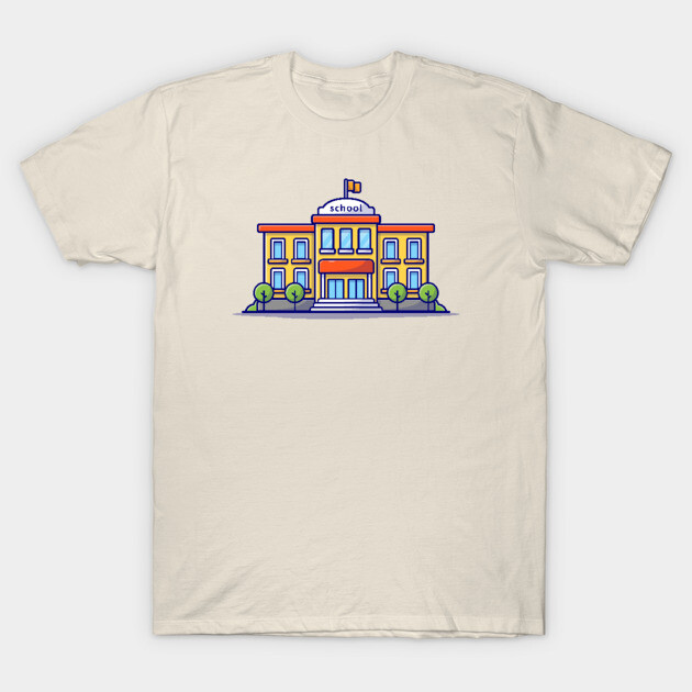 Beige t-shirt featuring a colorful school building illustration, casual style, perfect for everyday wear.