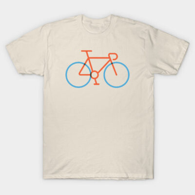 Cream t-shirt with minimalist bicycle design in orange and blue, casual style, 100% cotton, ideal for everyday wear.
