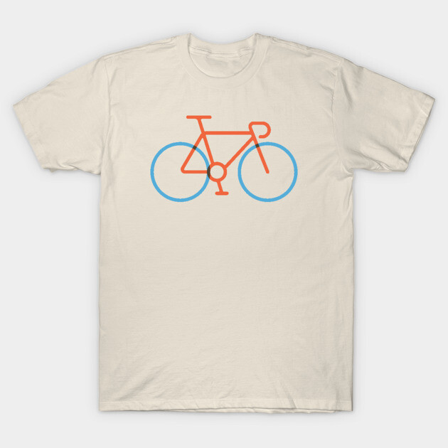 Cream t-shirt with minimalist bicycle design in orange and blue, casual style, 100% cotton, ideal for everyday wear.