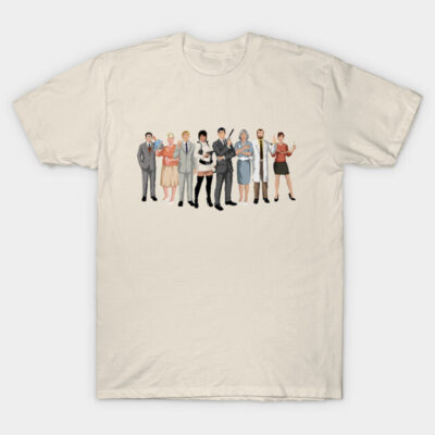 Beige graphic T-shirt featuring cartoon characters, casual style, made of soft cotton fabric, unisex design.