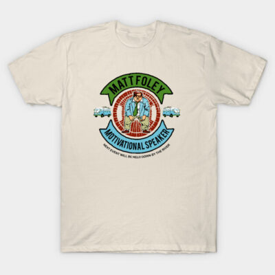 Beige t-shirt with motivational speaker graphic, colorful vintage design, casual wear, cotton fabric.