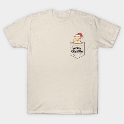Cream T-shirt with festive cat in Santa hat, "Merry Christmas" pocket design. Perfect for holiday celebrations.