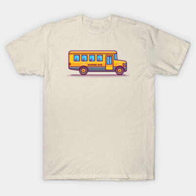 Cream t-shirt with colorful school bus graphic, casual style, ideal for everyday wear, cotton material.