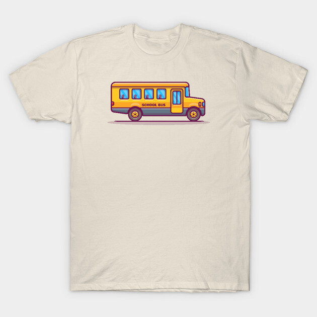 Cream t-shirt with colorful school bus graphic, casual style, ideal for everyday wear, cotton material.