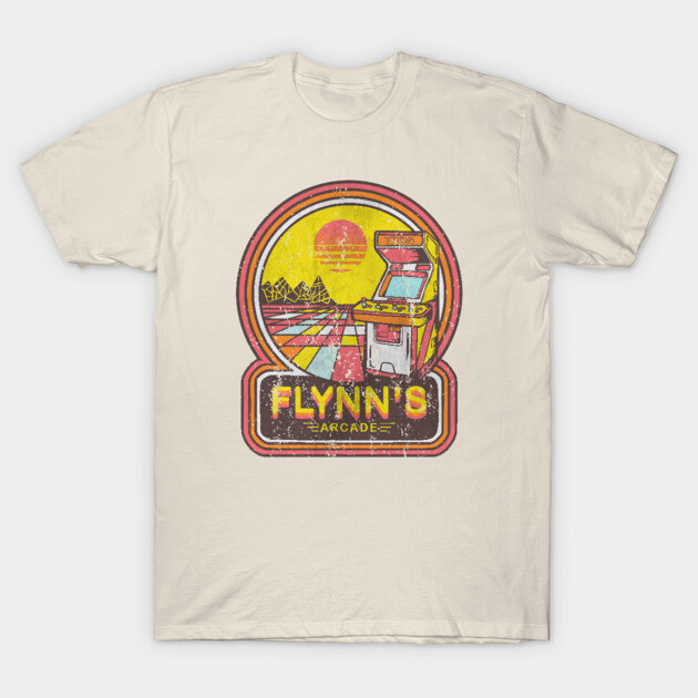 Vintage arcade graphic tee, off-white color, retro gaming design, casual cotton t-shirt, stylish and comfortable wear.