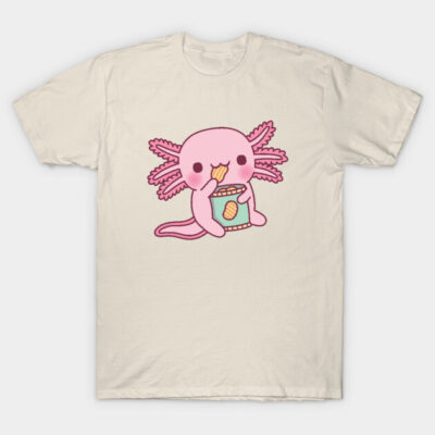Cream t-shirt featuring a cute pink axolotl eating chips, cartoon style, perfect for casual wear and gift ideas.