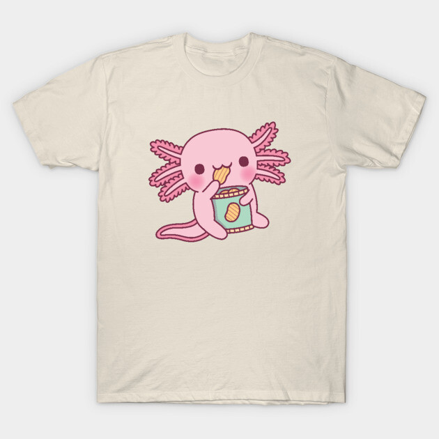 Cream t-shirt featuring a cute pink axolotl eating chips, cartoon style, perfect for casual wear and gift ideas.
