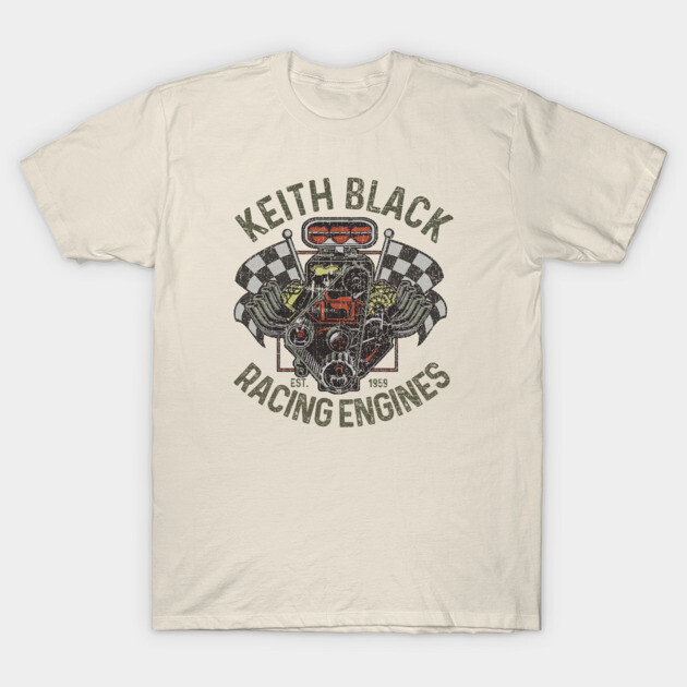 Beige t-shirt with vintage racing engine graphic, checkered flags, and bold text, ideal for casual wear or motorsport fans.