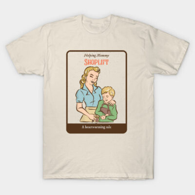 Beige t-shirt with retro-style illustration, humorous text, casual wear, cotton material, unisex design.