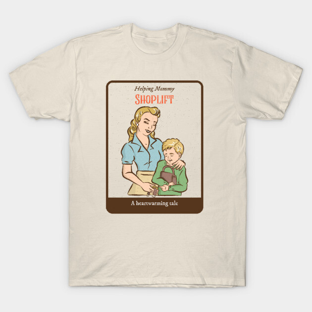 Beige t-shirt with retro-style illustration, humorous text, casual wear, cotton material, unisex design.