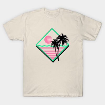 Beige T-shirt with retro sunset and palm tree graphic, 1980s style, casual wear, cotton material.