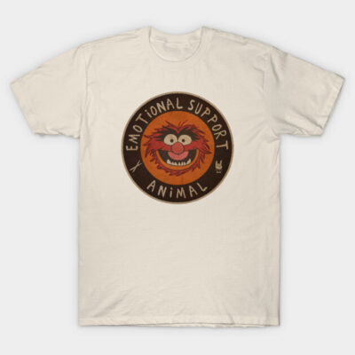 Cream t-shirt with "Emotional Support Animal" graphic, featuring a cartoon character, casual wear cotton fabric.