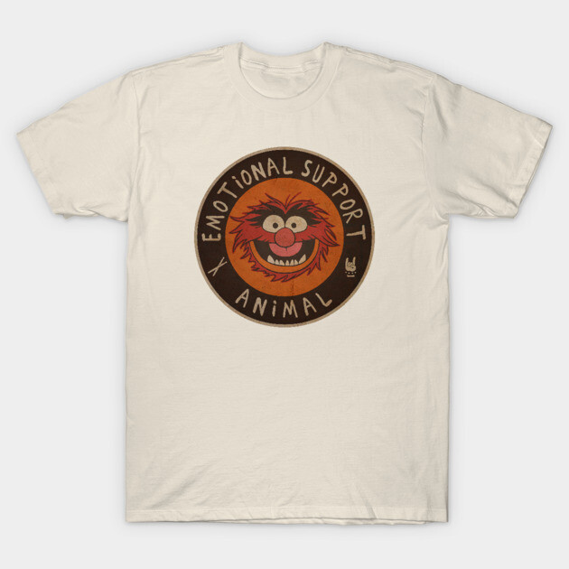 Cream t-shirt with "Emotional Support Animal" graphic, featuring a cartoon character, casual wear cotton fabric.